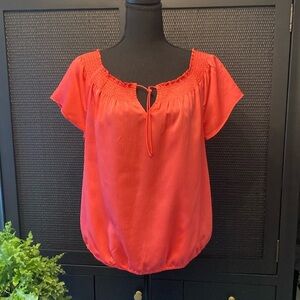 Ann Taylor Petite Coral Smocked Cap Sleeve Blouse Feminine Petite Medium